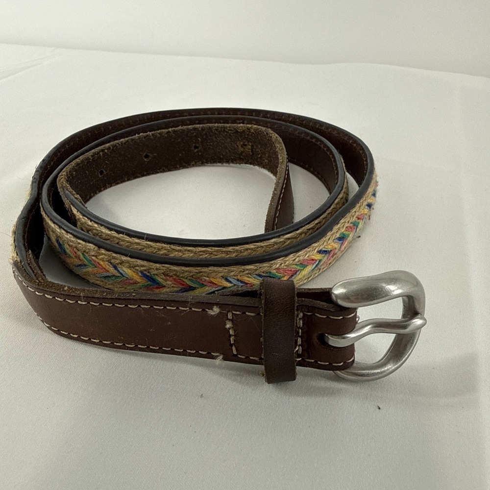 Womens 2XL Brown Leather Belt Multicolor Jute Silver Buckle Skinny Belt 47.5"